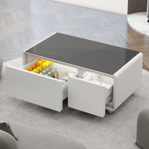 Modern Smart Coffee Table With Built-In Fridge - tooth Speaker, Wireless Charging, Touch Control Panel, USB Interface, Outlet Protection, Atmosphere Light