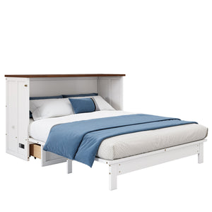 Solid Pine Murphy Bed Chest with Charging Station and Large Storage Drawer - Queen