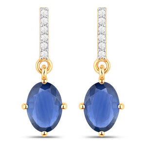 1.95 Carat Genuine Blue Sapphire and White Diamond 14K Yellow Gold Earrings
