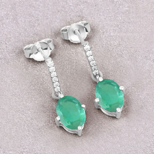 1.49 Carat Genuine Zambian Emerald and White Diamond 10K White Gold Earrings