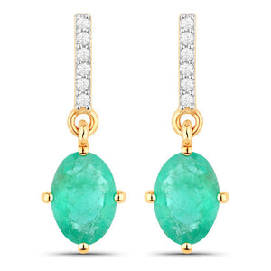 1.49 Carat Genuine Zambian Emerald and White Diamond 10K Yellow Gold Earrings