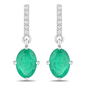1.49 Carat Genuine Zambian Emerald and White Diamond 14K White Gold Earrings
