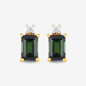 1.24 Carat Genuine Green Tourmaline and White Diamond 14K Yellow Gold Earrings