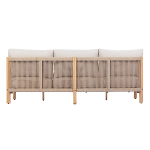 73.23" Outdoor Acacia Wood Frame Rope-Braided Backrest Three-Seater Sofa
