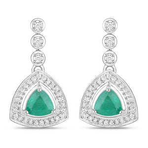 1.39 Carat Genuine Zambian Emerald and White Diamond 14K White Gold Earrings