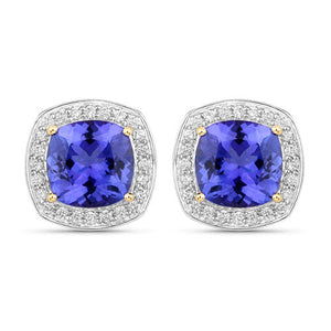 5.98 Carat Genuine Tanzanite and White Diamond 14K Yellow Gold Earrings