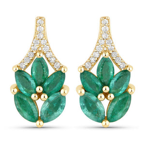 0.91 Carat Genuine Zambian Emerald and White Diamond 14K Yellow Gold Earrings