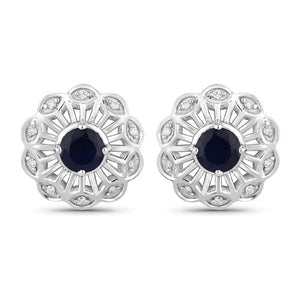 0.60 Carat Genuine Blue Sapphire and White Diamond 14K White Gold Earrings