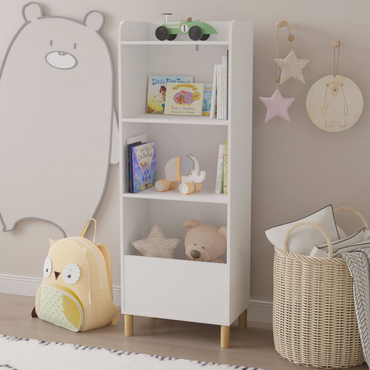 4 Tier Bookcase, Book Display With Safety Restraint, Storage Cabinet For Playroom - White