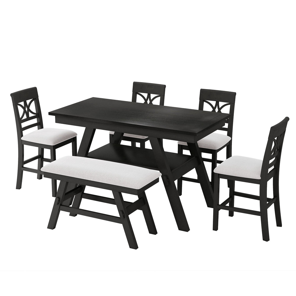 6 Piece Counter Height Dining Table Set with Storage Shelf - Espresso Wood