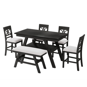 6 Piece Counter Height Dining Table Set with Storage Shelf - Espresso Wood