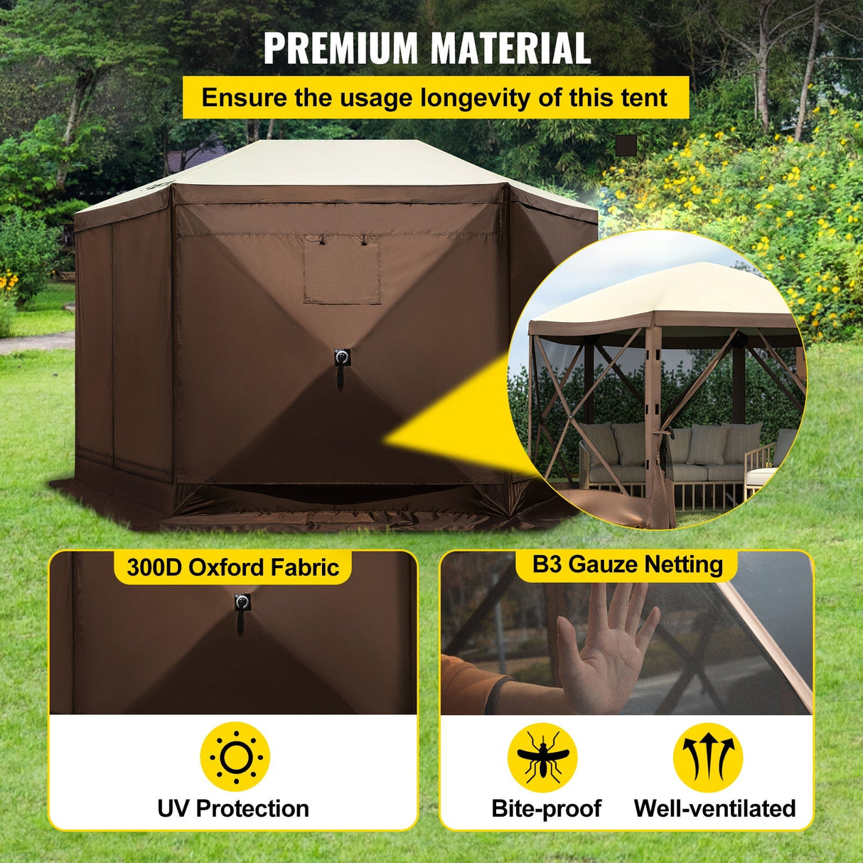 Camping Gazebo Tent, 10'x10', 6-Sided Pop-up Canopy Screen Tent