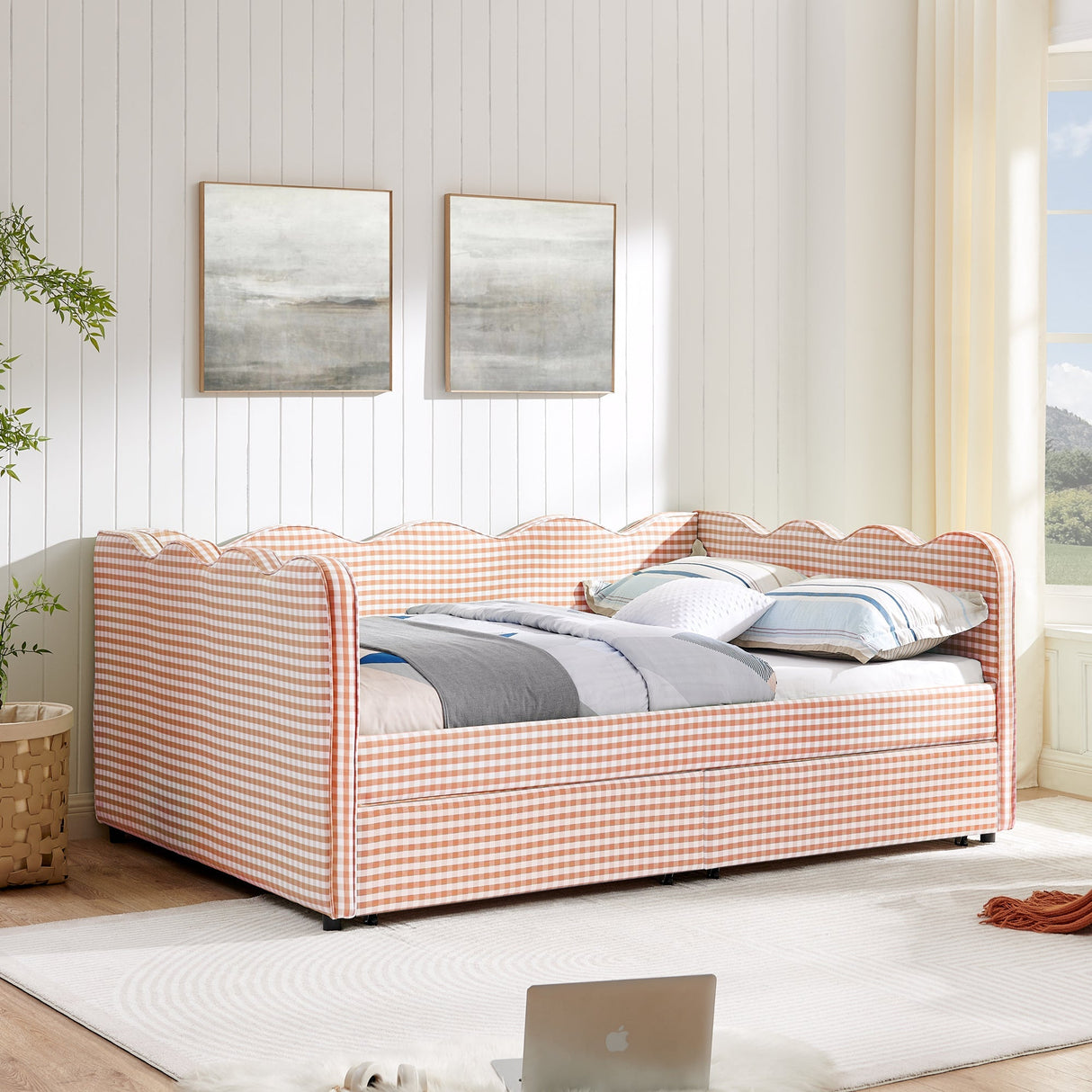 Full Size Cozy Gingham Daybed with Two Storage Drawers