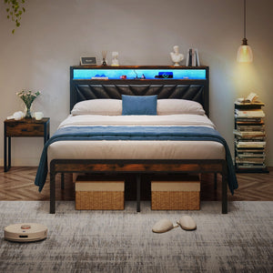 Full Size Metal Platform Bed Frame with Adjustable Upholstered Headboard