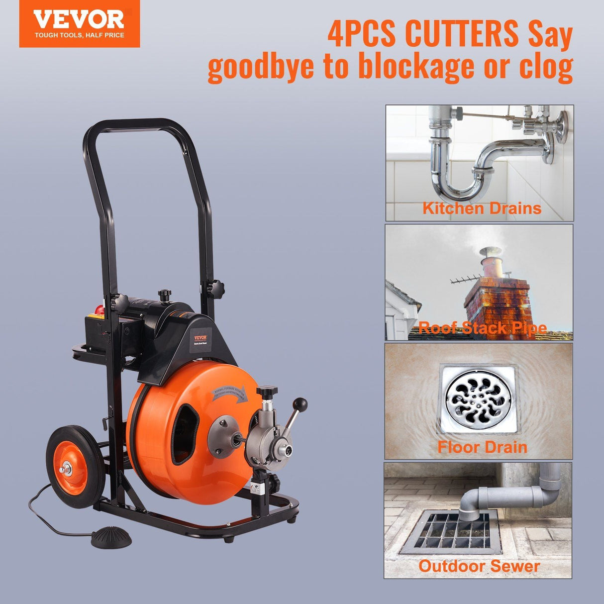 Drain Cleaning Machine 100Ft X 3/8" Auto Feed Sewer Snake - Orange