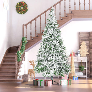 HOMCOM 9' Tall Unlit Snow Flocked Pine Artificial Christmas Tree