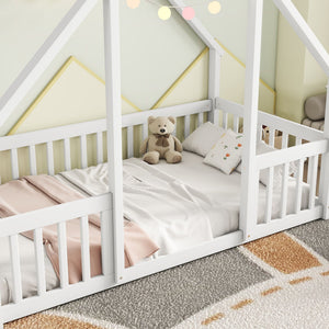 Wood House-Shaped Floor Bed With Fence, Guardrails