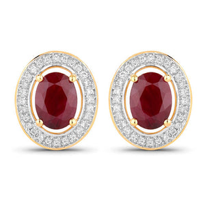 2.12 Carat Genuine Ruby and White Diamond 14K Yellow Gold Earrings