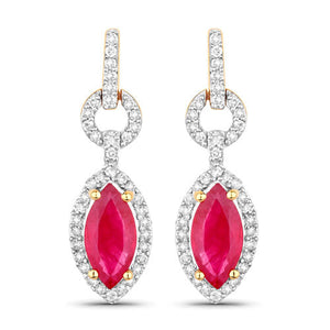 1.23 Carat Genuine Ruby and White Diamond 14K Yellow Gold Earrings