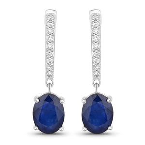 3.24 Carat Genuine Blue Sapphire and White Diamond 14K White Gold Earrings