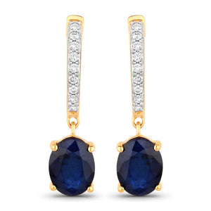 3.24 Carat Genuine Blue Sapphire and White Diamond 14K Yellow Gold Earrings