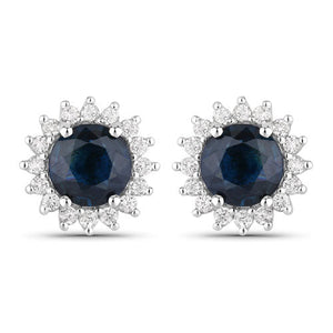 2.38 Carat Genuine Blue Sapphire and White Diamond 14K White Gold Earrings