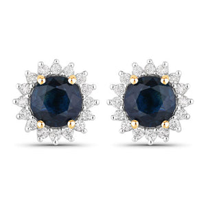2.38 Carat Genuine Blue Sapphire and White Diamond 14K Yellow Gold Earrings