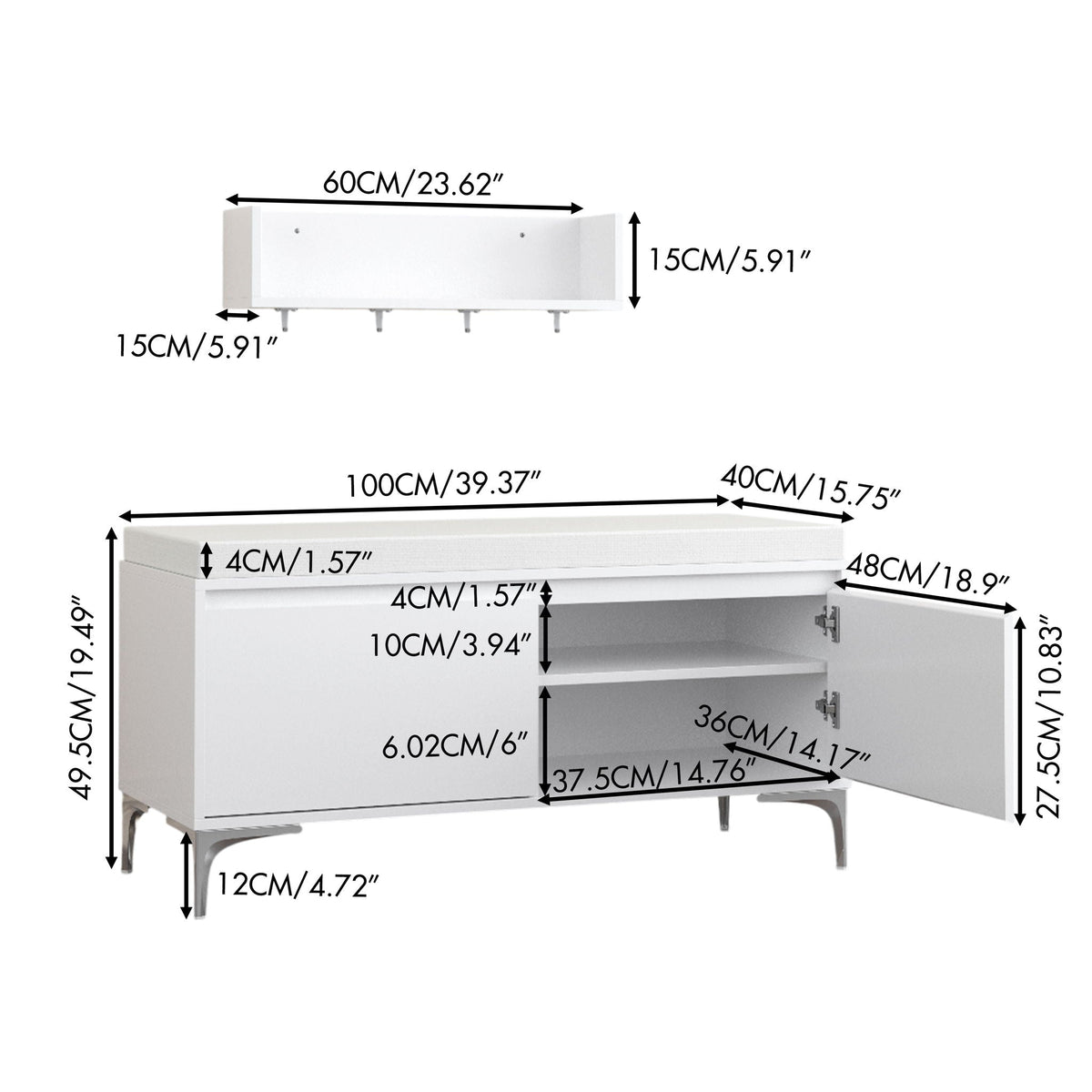 Wall Mounted Entryway Shelf and Storage Bench Set with Hooks and Storage - Off White