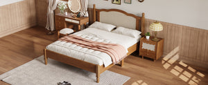 Queen Size Wooden Platform Bed with Natural Rattan Headboard