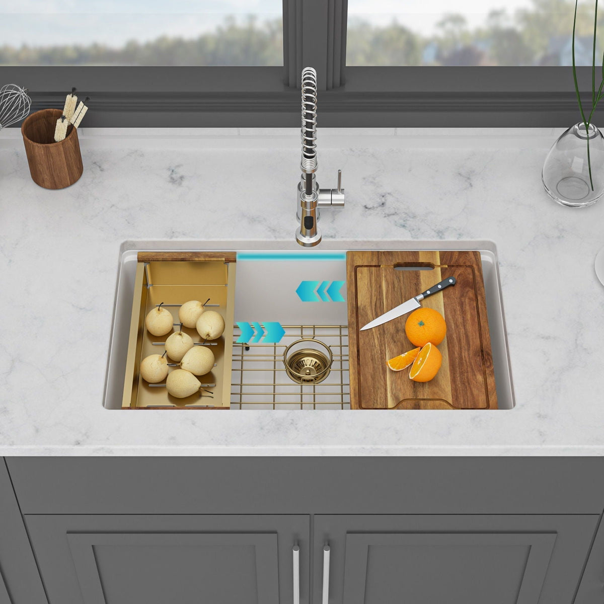 Quartz Composite Kitchen Sink With Undermount Design, Durable Single Bowl Workstation