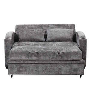 Pull Out Loveseat Sofa With Adjsutable Backrest, 2 Pillows, Cup Holders, USB Ports For Living Room