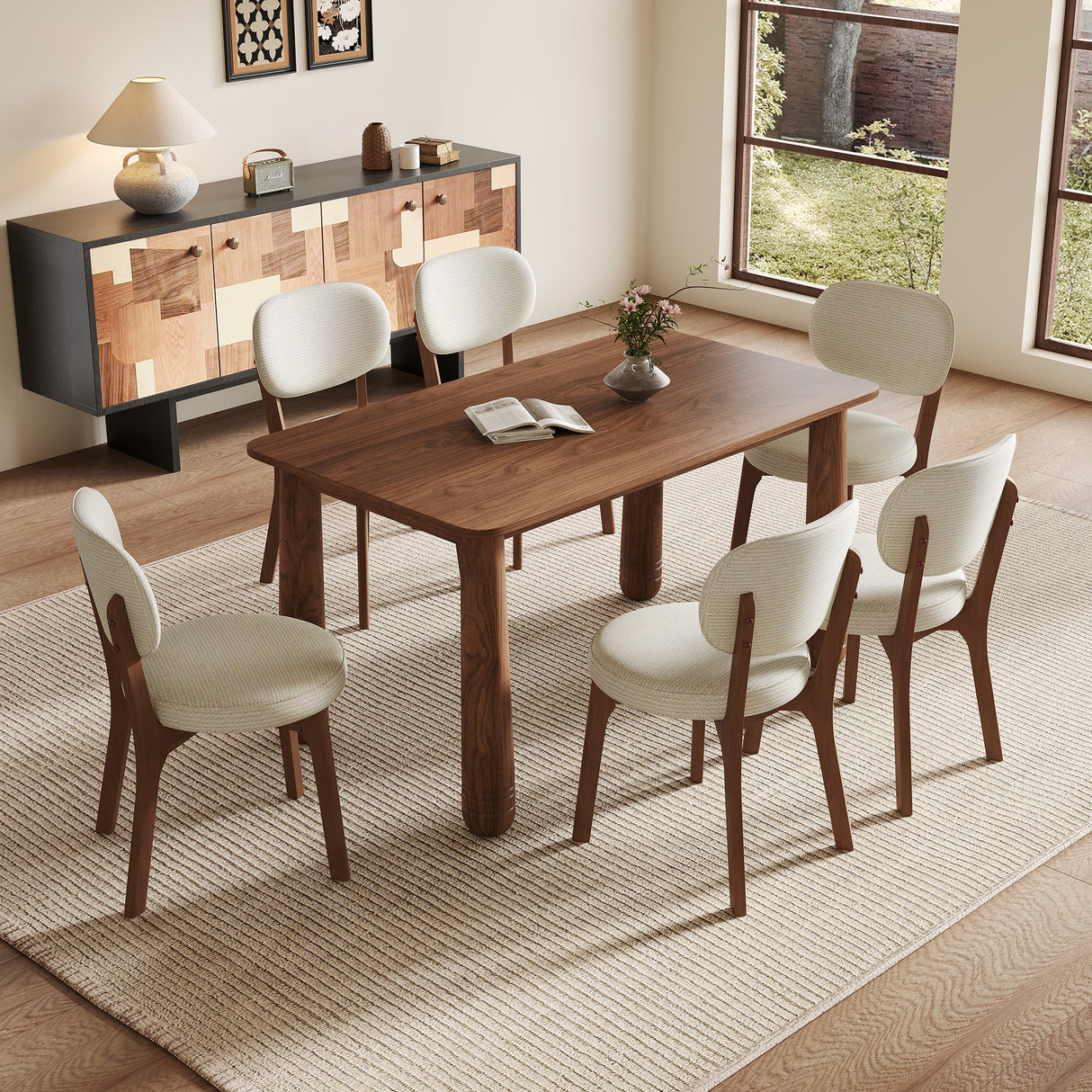 63" Solid Wood Dining Table Set with 4 Upholstered Chairs