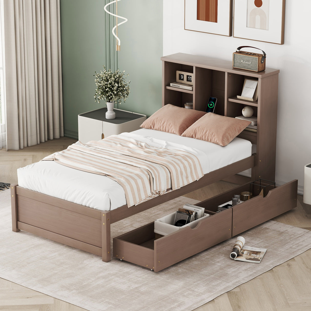 Twin Size Bed Frame With Built-in USB Port on Bookcase Headboard and 2 Drawers for Walnut Color
