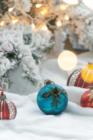 Light Blue Glass Christmas Ball Ornaments with Glitter Details - Set of 4 or 6