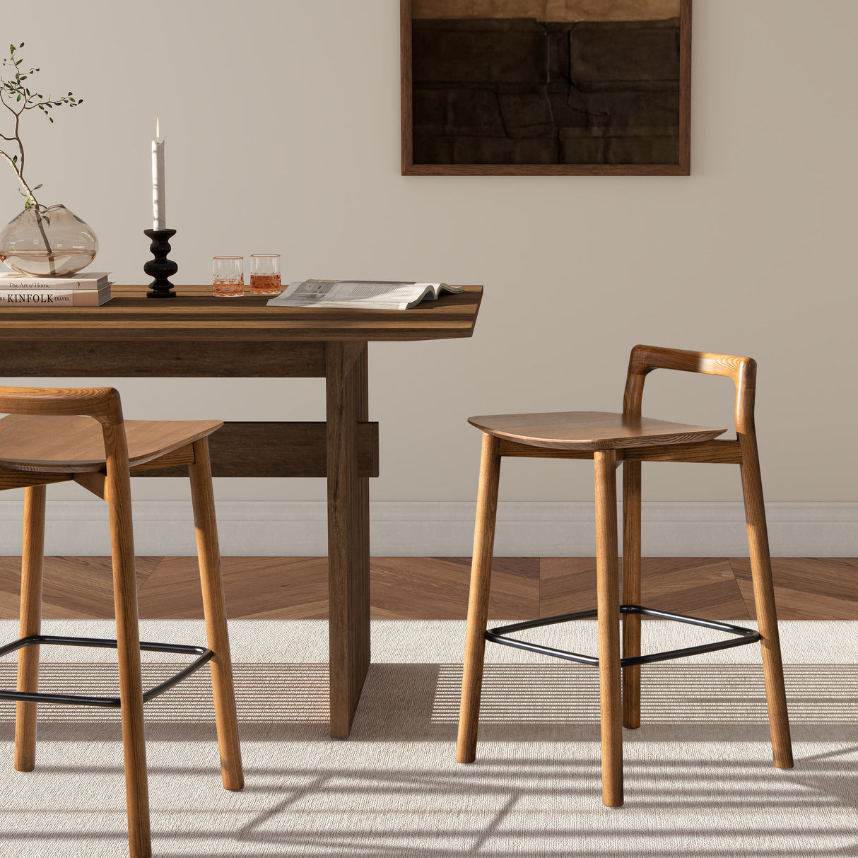 Sven 26.5' Modern Minimalist Low Back Wood Counter Stool, Dark Brown Walnut