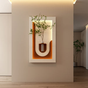 Adjustable 3 Color LED Sandstone Wall Decor With Simulated Plants, Vase & Rabbit Statue - Light Coffee