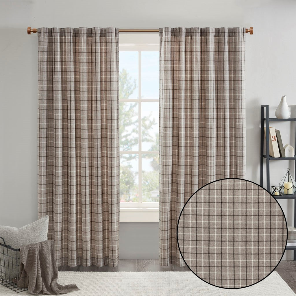 Plaid rod pocket and back tab curtain panel with fleece lining