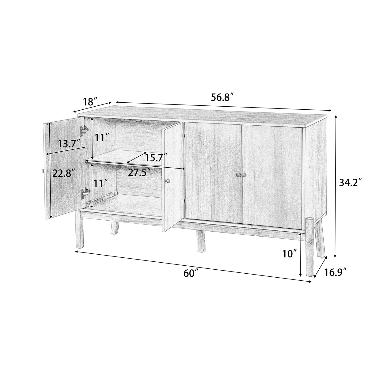 Vintage Sideboard Buffet Cabinet, 56.8" W x 18" D x 34.2" H