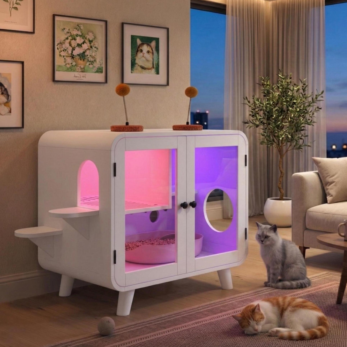 Cat Hidden Litter Box Enclosure with RGB LED Light