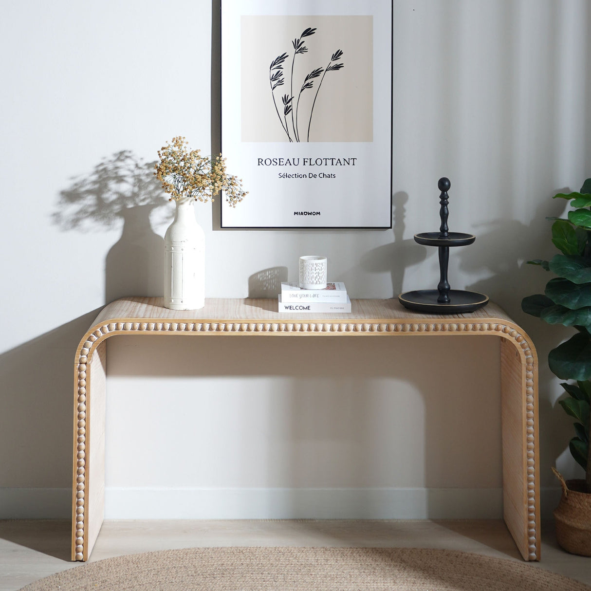 59in Console table with wood beads,curved waterfall-style table