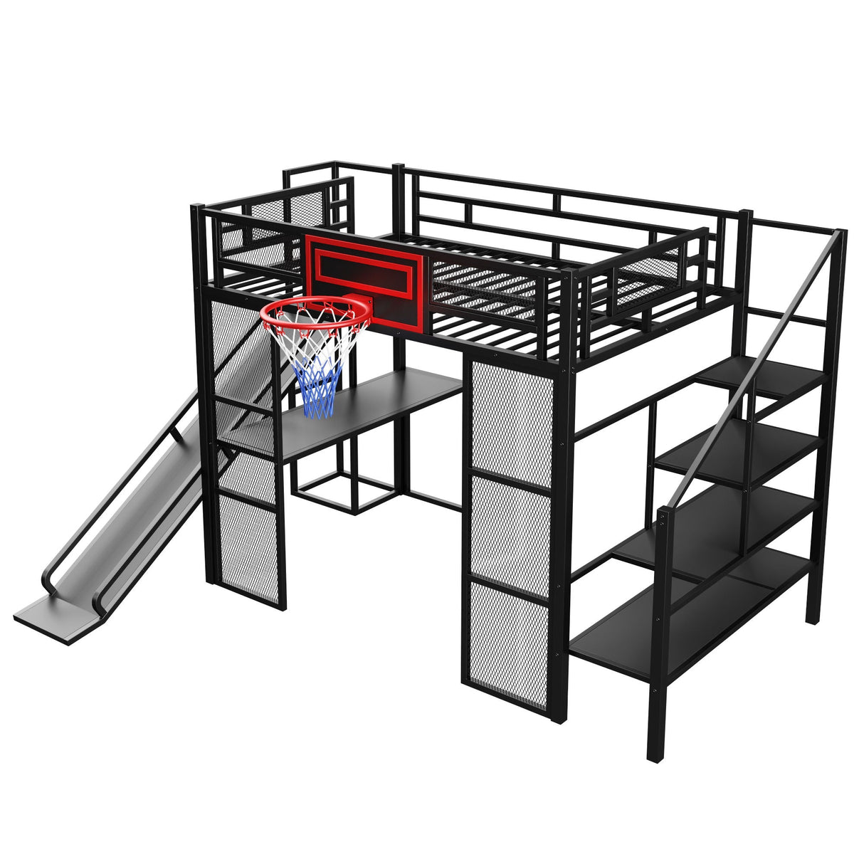 Loft Bed With Built In Desk, Open Wardrobe, Basketball Hoop, Slide And Staircase