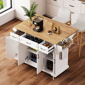 K&K 54-Inch Large Kitchen Island with Rubber Wood Drop Leaf