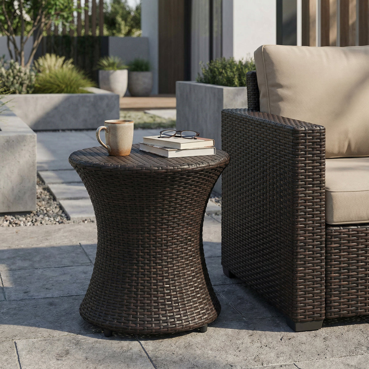19" Kono Hourglass End Table with Durable PE Rattan - Brown Multi
