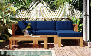 TOPMAX Outdoor 5-Piece Wood Sectional Patio Sofa Set with Blue Cushions