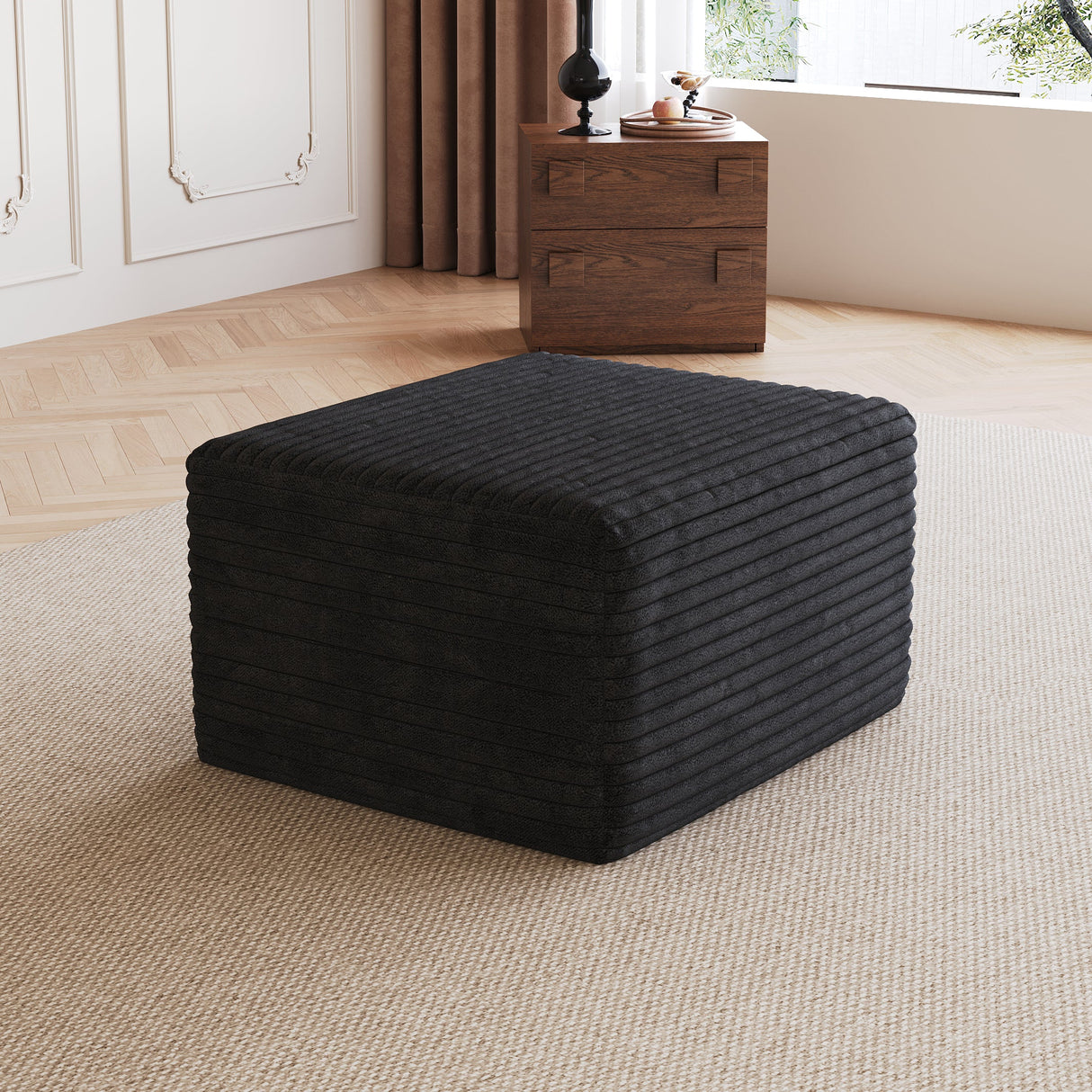 Black Plush Corduroy Sofa Ottoman - No Assembly Required