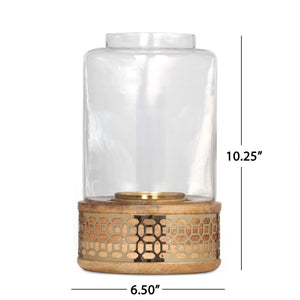 Lippert Boho Handcrafted Mango Wood Hurricane Candle Holder With Tempered Glass And Metal Accents, Large - Natural