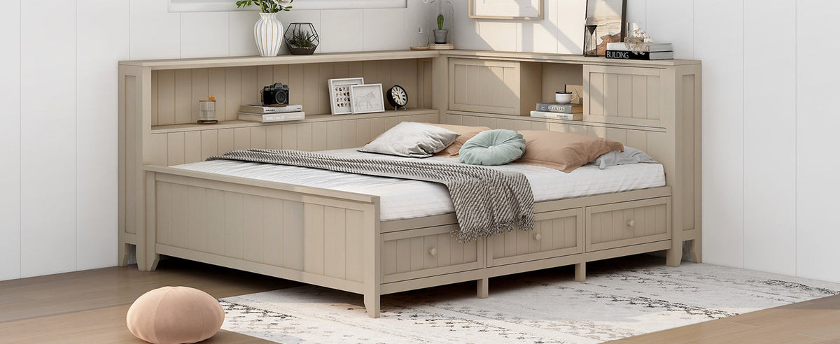 Full Size Wood Daybed with Storage Shelves and 3 Drawers