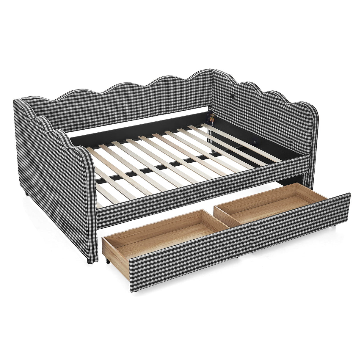 Full Size Cozy Gingham Daybed with Two Storage Drawers, with USB Port and Adorable Wave Shaped, Linen Fabric