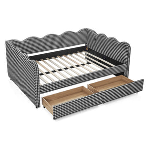Full Size Cozy Gingham Daybed with Two Storage Drawers, with USB Port and Adorable Wave Shaped, Linen Fabric