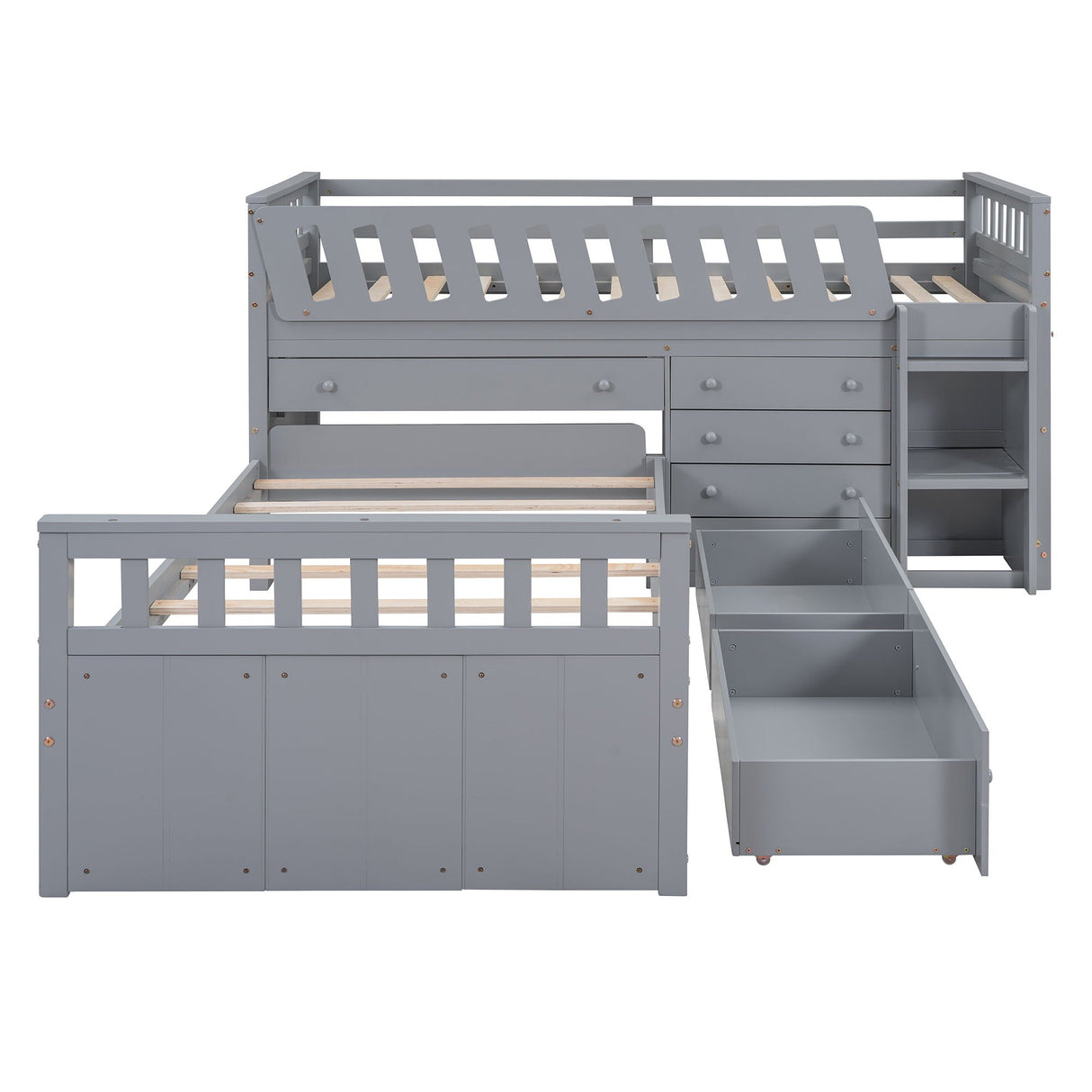 Loft Platform Bed With 7 Drawers And Full Guardrails, Modern L Shaped Space Savin